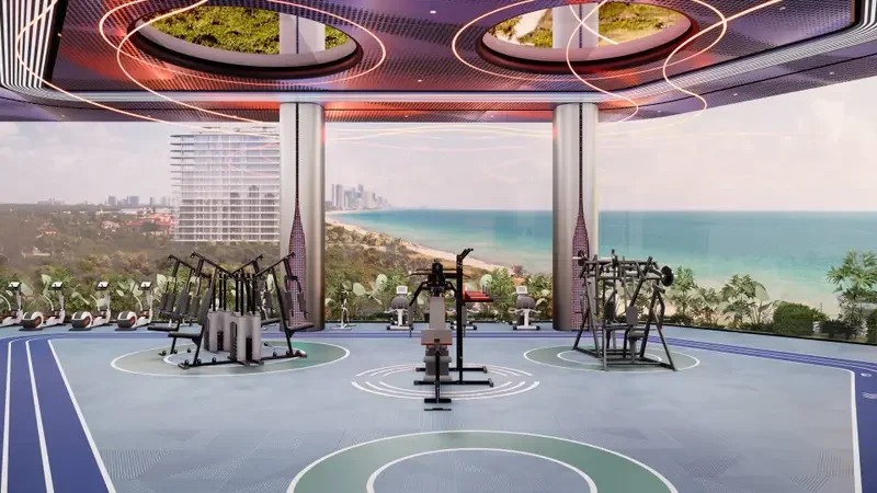 Unit interior rendering at Time Square 10 with contemporary furnishings and ocean views