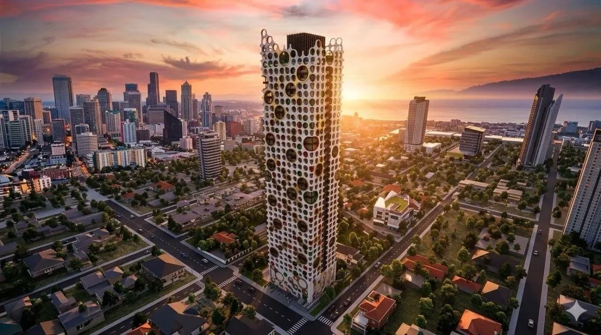 Street-level architectural rendering of Time Castle XI showing the entrance and podium