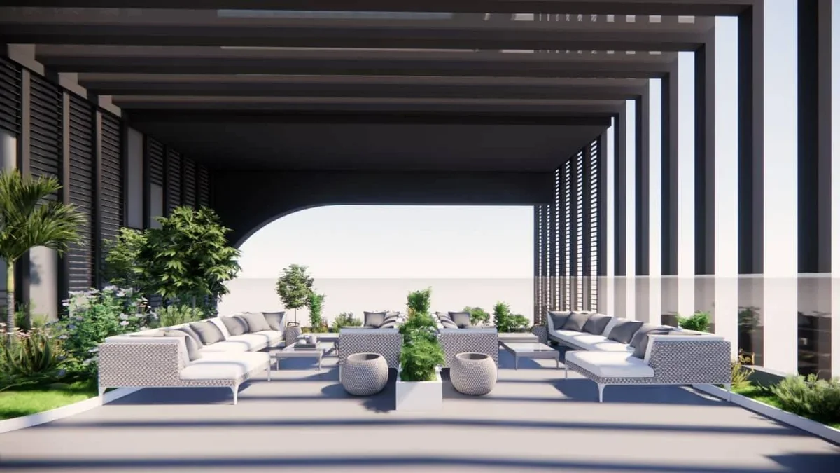 Street view of Time Square 5's glass tower and ground-floor commercial spaces