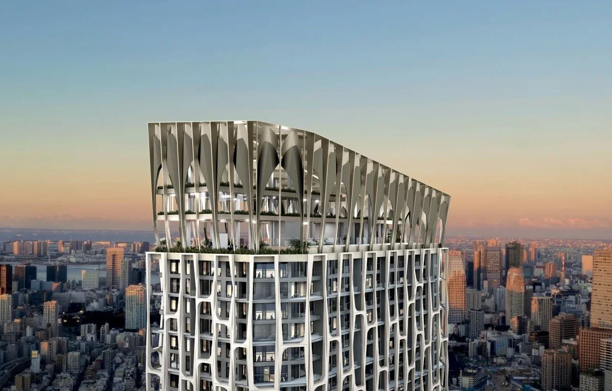 Side view of Time Square 7 construction showing the tower's floor plates and scaffolding