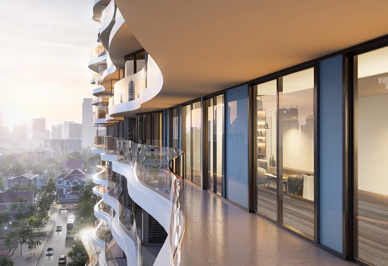 Alternate elevation rendering of Time Square 8 showing its slim tower profile