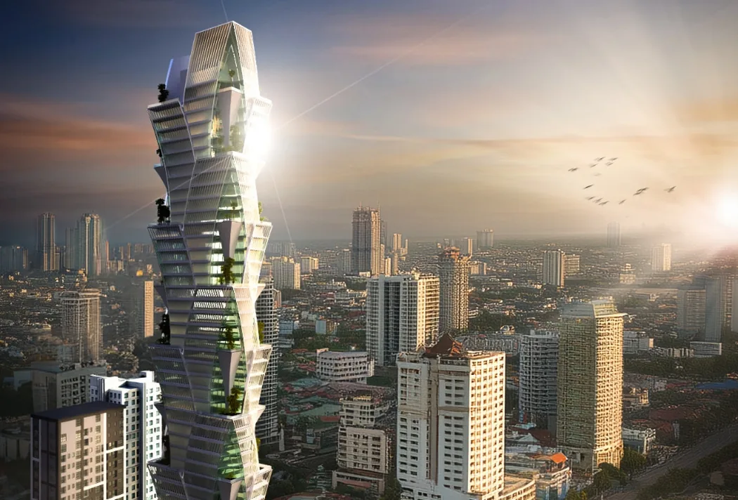 Aerial dusk render of the twisting G.A.T.O Tower above the Phnom Penh skyline