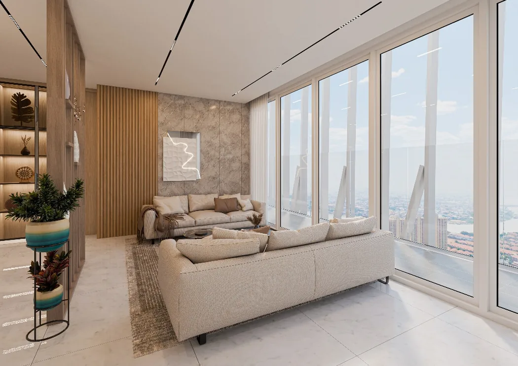 Interior render of a G.A.T.O Tower residence with floor-to-ceiling windows over Phnom Penh