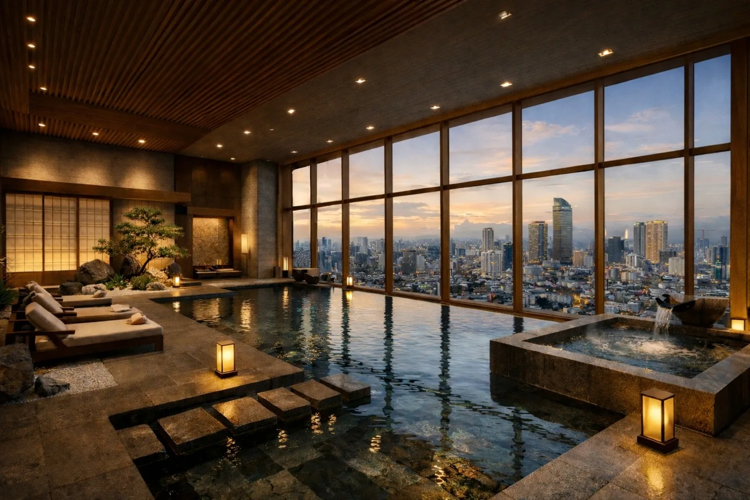 Render of the Japanese-style onsen spa amenity at G.A.T.O Tower with city views
