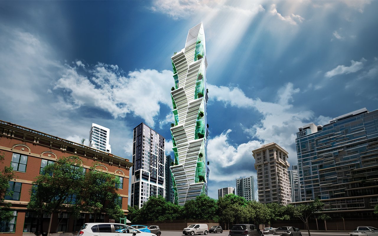 G.A.T.O Tower street-level exterior CGI render against a blue sky in BKK1, Phnom Penh