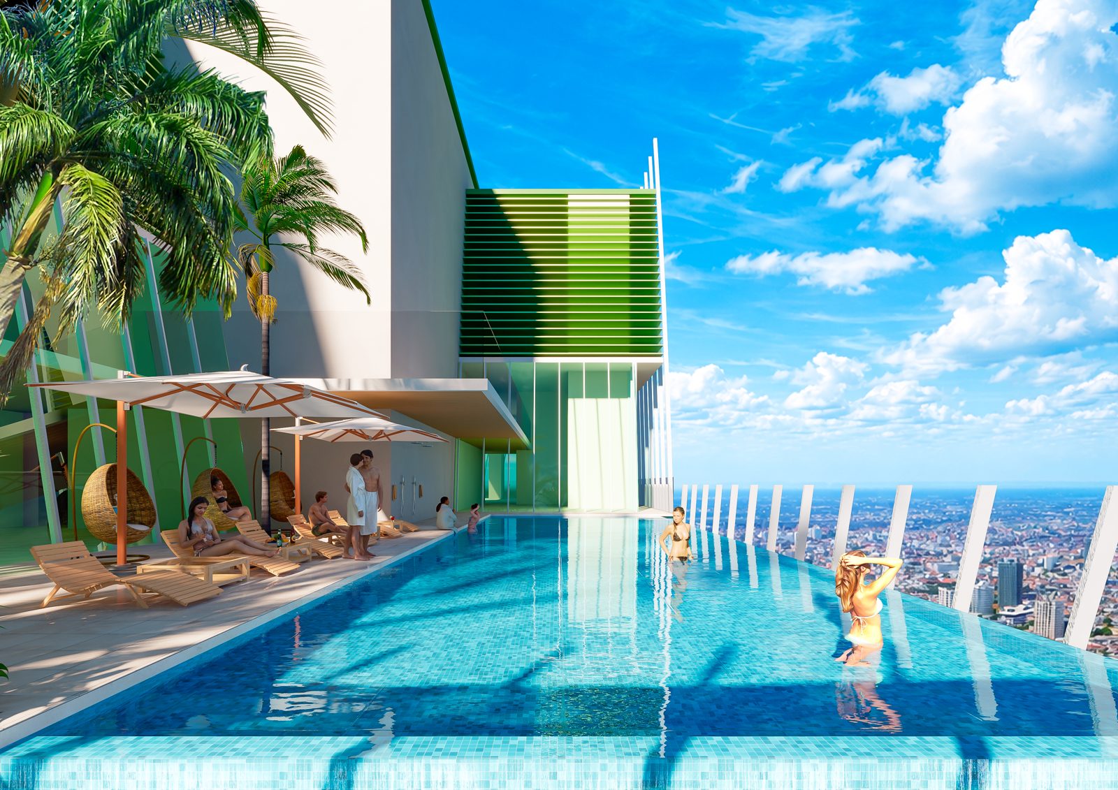 G.A.T.O Tower rooftop infinity sky pool render overlooking the Phnom Penh skyline