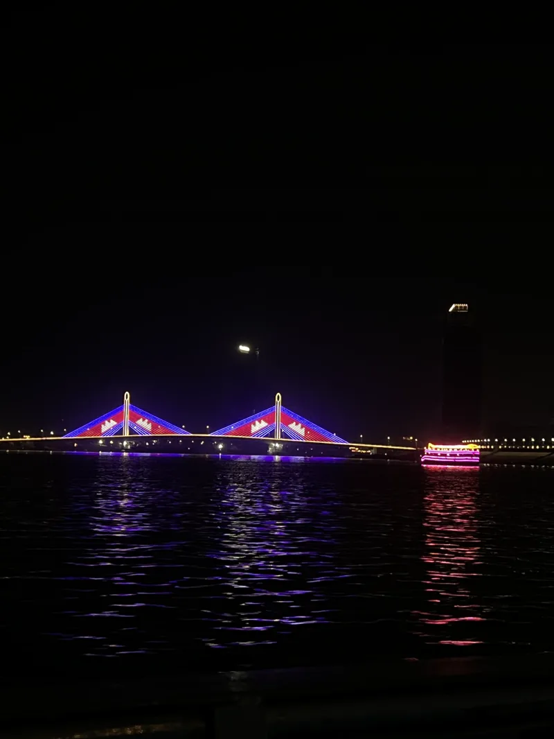 The Koh Norea Bridge illuminated at night, the cable-stayed crossing linking Koh Pich to Koh Norea over the Bassac River in Phnom Penh