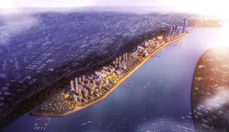Aerial CGI visualization of the completed Norea City satellite district stretching along the Bassac River, with towers, marinas and a central landmark skyscraper