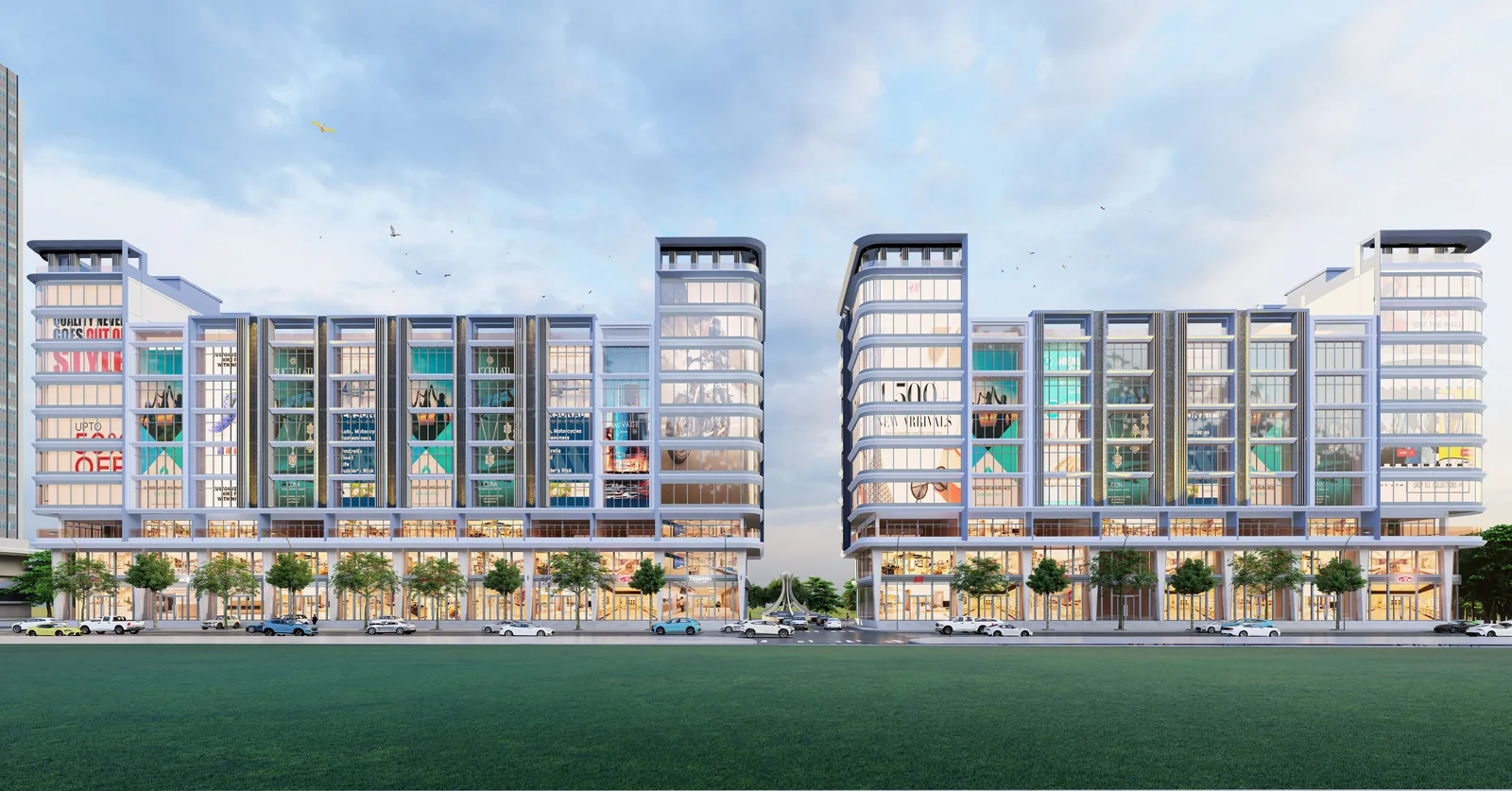 Developer render of Olympia City shophouse and retail blocks at dusk