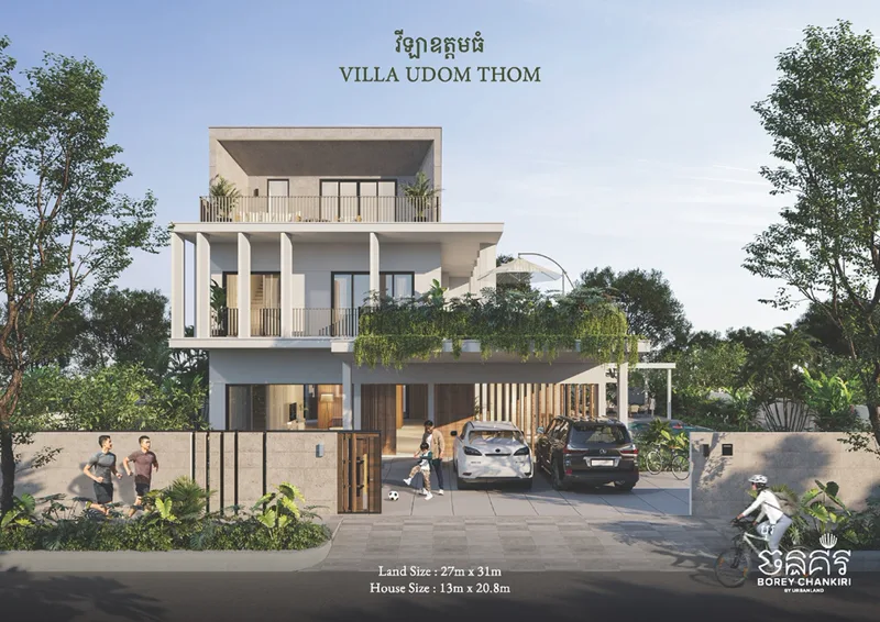Render of the Villa Udom Thom house type at Borey Chankiri, a modern three-storey villa with planted balconies