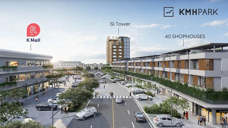 Masterplan visualization of ISI Park showing K Mall, ISI Tower and the 40 shophouses along the central boulevard